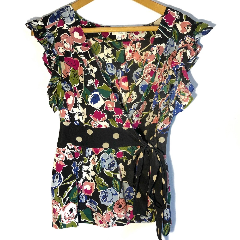 Odille Anthropologie silk short sleeve, floral & polka dot blouse. Size 6.